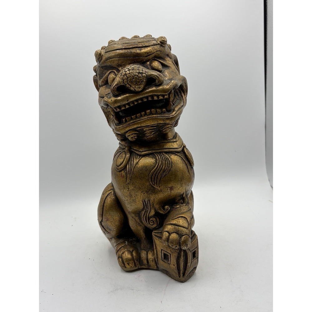 Large Asian Foo Dog Guardian Lion Statue Gold Finish Resin Figurine 11"